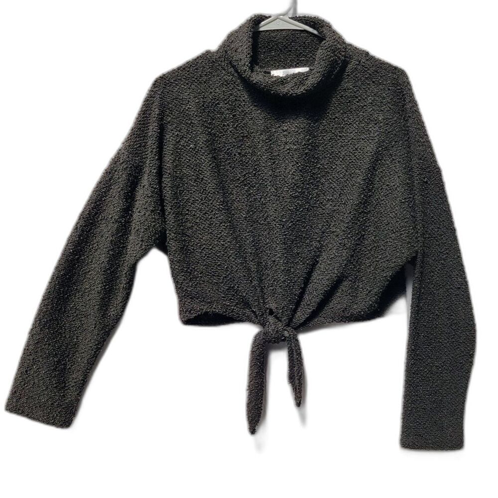 ReVamped Black Sweatshirt Cropped Long Sleeve Turtleneck with Knot Women's Sz L